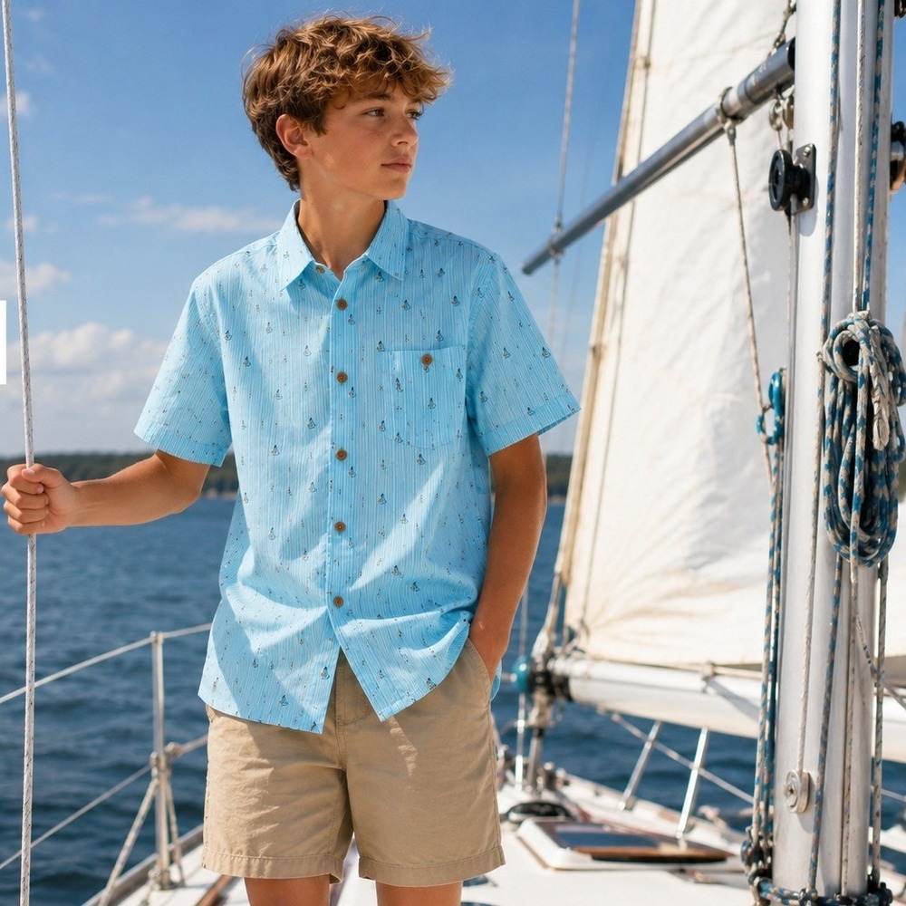 Distortion Boys Sailboat Button Up Shirt 14/16 Blue Coastal Preppy Y2K Nautical